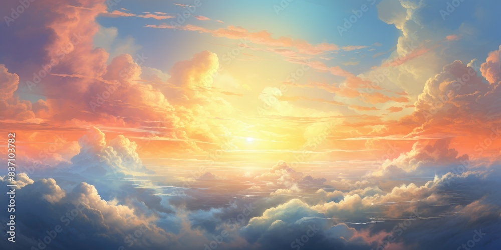 Heavenly sky. Sunset above the clouds abstract background