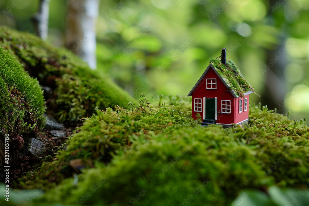 Charming Miniature Red House Nestled in Lush Green Moss Charming Miniature Red House Nestled in Lush Green Moss