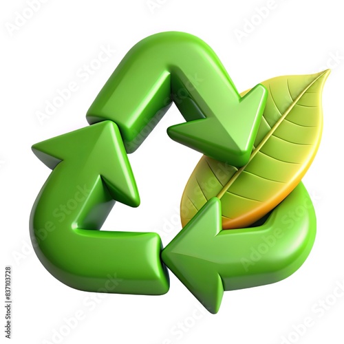 A green leaf is on top of a green recycling symbol