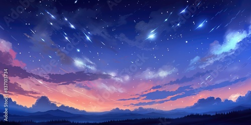 Heavenly sky. Sky of shooting stars, meteor shower, wide format background © PNG City