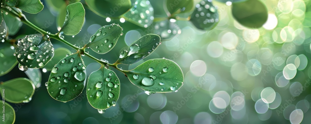 Close-up of fresh green leaves with water droplets on a blurred bokeh background, showcasing nature's beauty and morning dew. Close-up of fresh green leaves with water droplets on a blurred bokeh background, showcasing nature's beauty and morning dew.