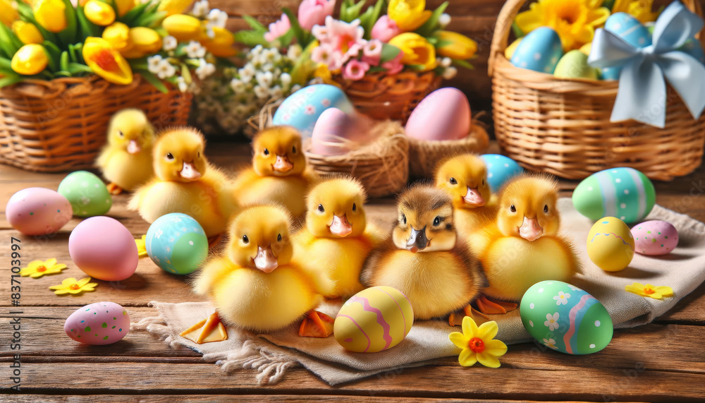 Fototapeta premium Cute yellow ducklings surrounded colorful Easter eggs spring flowers rustic wooden setting