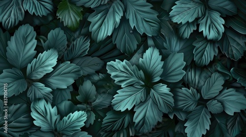 A vibrant and detailed close-up of green leaves, featuring deep shadows and multiple textures, depicting nature's intricate patterns.