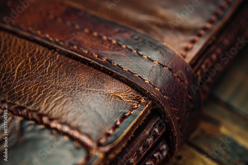 Close-up of the embossed cover of a handcrafted leather-bound journal  lines and marks telling a story