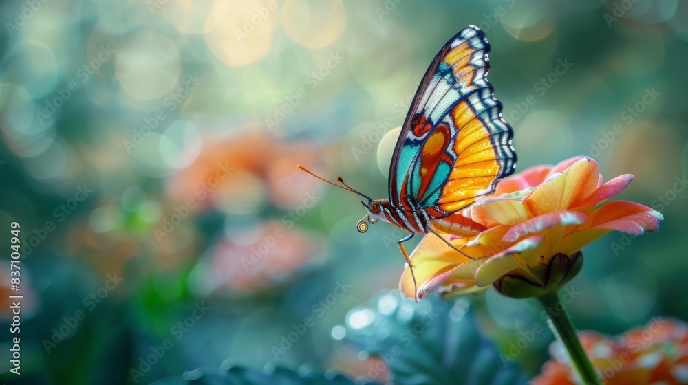 Close-up of a vibrant butterfly perched on a flower petal, intricate wing patterns clearly visible, set against a soft, blurred garden background Close-up of a vibrant butterfly perched on a flower petal, intricate wing patterns clearly visible, set against a soft, blurred garden background