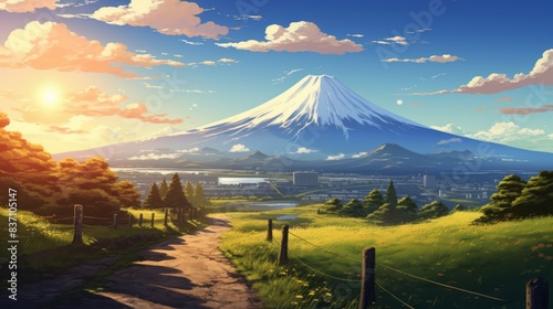 a narrow road leading to mount fuji in distance anime style, photo