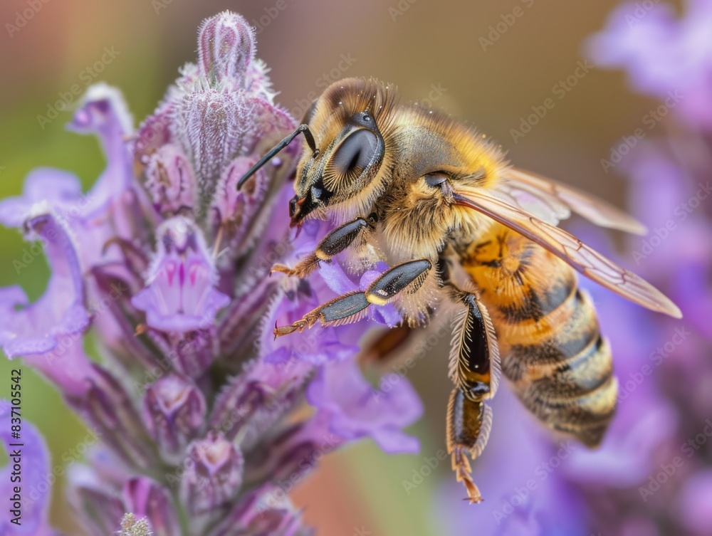 Macro shot of a honeybee collecting nectar, its delicate wings and fuzzy body covered in pollen, with a blooming flower in the background Macro shot of a honeybee collecting nectar, its delicate wings and fuzzy body covered in pollen, with a blooming flower in the background