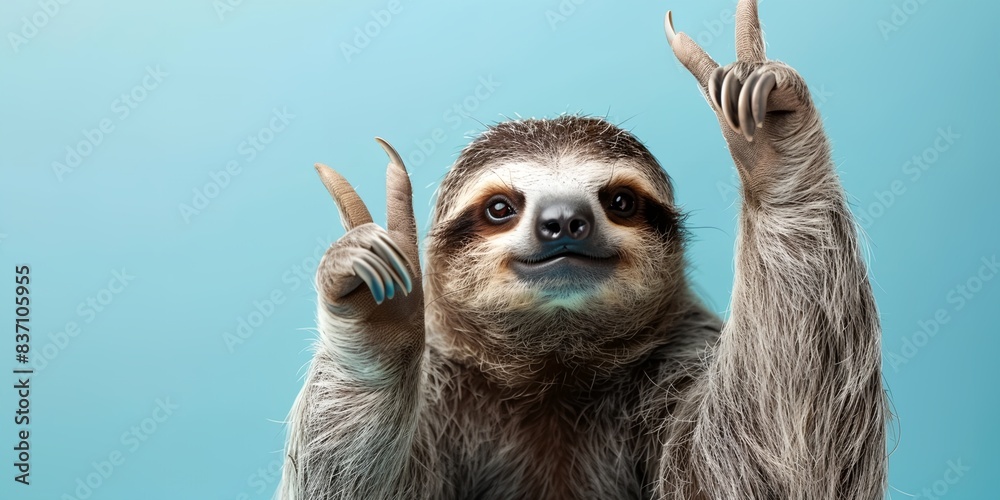 Fototapeta premium a sloth holding two fingers up in the air