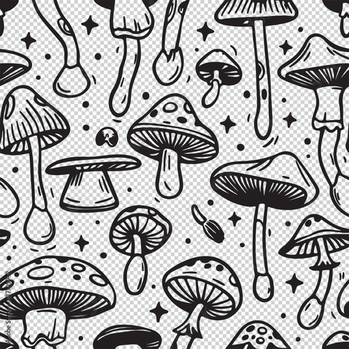 Seamless mushroom pattern background design, black vector illustration on transparent background