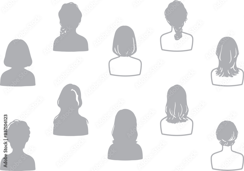 女性の前向き後ろ向きの上半身シルエットイラストセット2　グレー