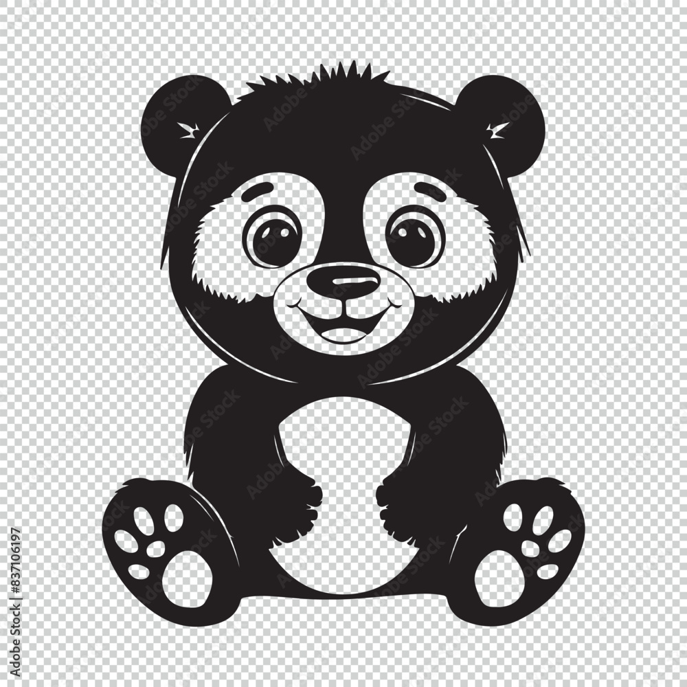 Fototapeta premium Cute simple panda bear design, black vector illustration on transparent background