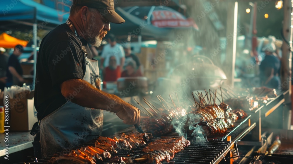 A barbecue pitmaster grilling pork, competition theme, side view, intense focus, cybernetic tone, triadic color scheme A barbecue pitmaster grilling pork, competition theme, side view, intense focus, cybernetic tone, triadic color scheme