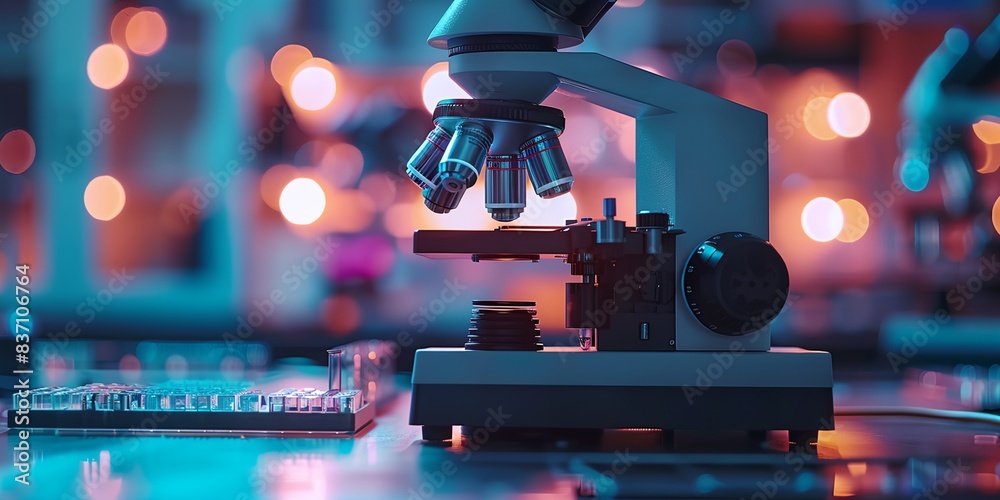 microscope with modern lab in the background with lights microscope with modern lab in the background with lights