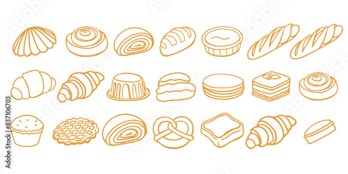 Isolated vector set of Bakery. Hand drawn and chalked cookies, barolls, pies, cakes, pastries, croissants.. Vintage template with pastries sketch. Fresh bakery. Shop. Template.	
