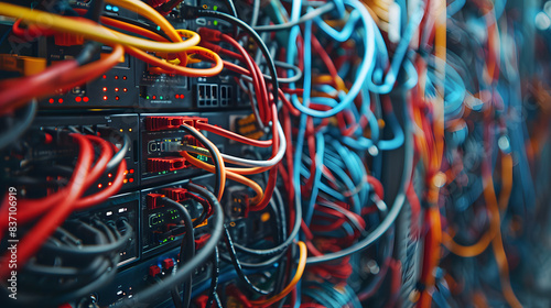 Complex network server wiring chaos, Close-up view of tangled cables and wires in a data center's network server rack