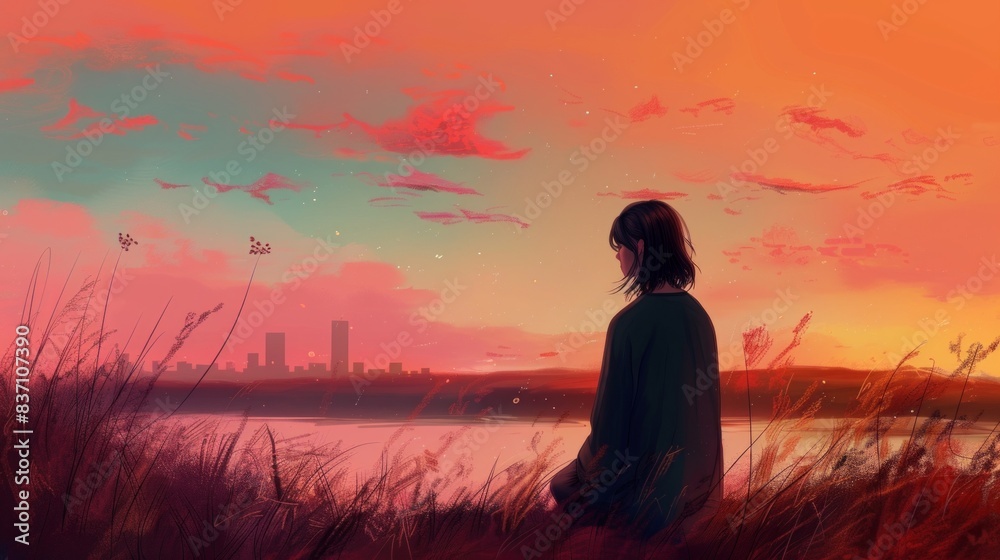 rear view of anime style girl, on pink blue mountains background rear view of anime style girl, on pink blue mountains background