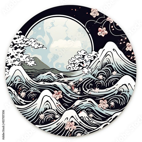 Japan, traditional landscape cartoon in black and red colors photo