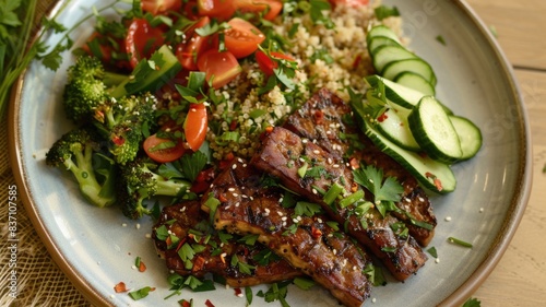 elegant dinner plate featuring a main dish of marinated tempeh steaks, served with a side of quinoa salad and steamed vegetables