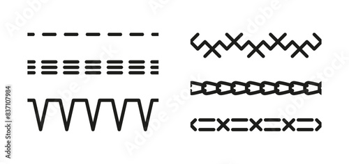Embroidery seams. Vector. Sewing stitches set. Machine thread sew brushes. Overlock zigzag seamless elements. Simple graphic illustration. Line border isolated on white background.