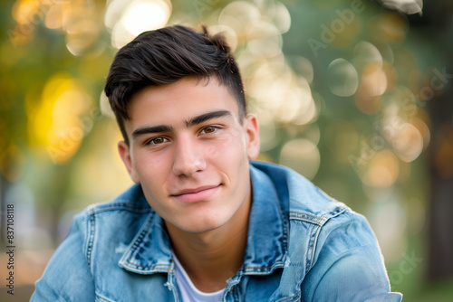 Portrait of Smiling Young Man with Dark Hair Outdoors