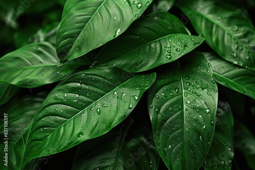 Close-up of vibrant green leaves with water droplets, demonstrating lushness and freshness, perfect for nature and botanical themes.