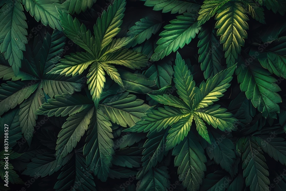 Fototapeta Vibrant green cannabis leaves overlapping, showcasing natural textures and patterns. Perfect for nature, botany, and medicinal-themed projects.