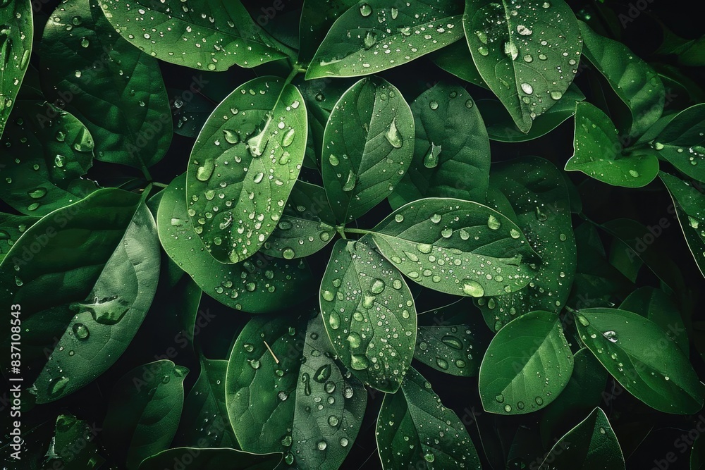 Close-up of lush green leaves covered in water droplets, creating a fresh and vibrant natural scene perfect for backgrounds and nature themes. Close-up of lush green leaves covered in water droplets, creating a fresh and vibrant natural scene perfect for backgrounds and nature themes.