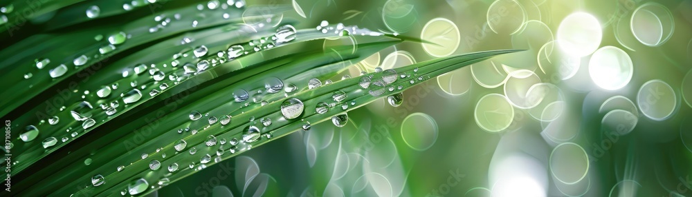 Close-up of fresh green leaves with dew droplets, captured against a vibrant bokeh background. Perfect for nature and freshness themes.
