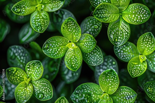 Close-up image of vibrant green leaves with white dotted pattern, showcasing nature's intricate designs in lush, detailed foliage.