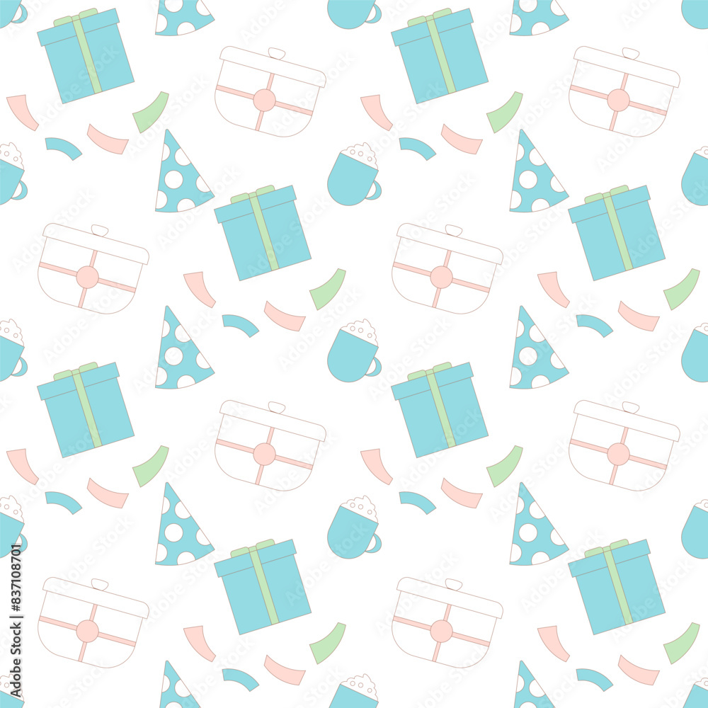 Birthday party seamless pattern. Anniversary celebration endless background. Holiday repeat cover. Gifts and presents loop ornament tile. Vector hand drawn flat illustration. Birthday party seamless pattern. Anniversary celebration endless background. Holiday repeat cover. Gifts and presents loop ornament tile. Vector hand drawn flat illustration.