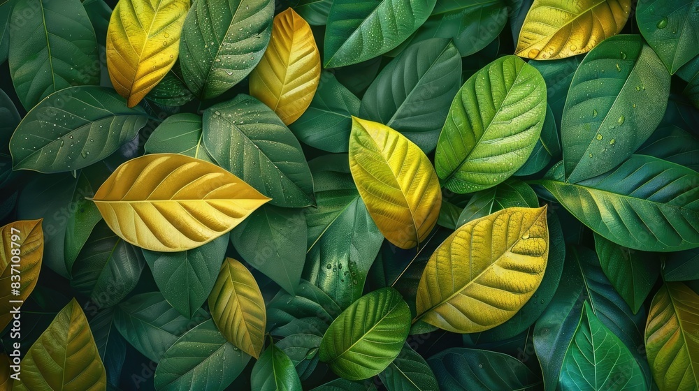 Vibrant green and yellow leaves create a lush, tropical background with a natural and refreshing aesthetic for various design purposes. Vibrant green and yellow leaves create a lush, tropical background with a natural and refreshing aesthetic for various design purposes.
