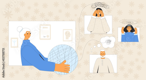 Family psychotherapy remote concept. Psychologist job online. Psychology consultation. Vector outline illustration.