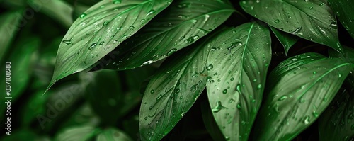 Close-up of lush green leaves with water droplets, captured after a rain shower. Perfect for nature, freshness, and botanical themes.