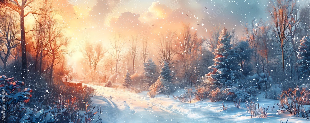Fototapeta premium A magical winter forest scene with a glowing sunrise.