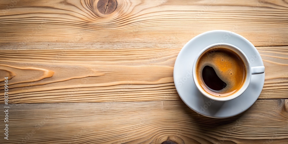 A cup of invigorating strong coffee on an expensive wooden tabletop. With copy space. Cheerful morning concept.
