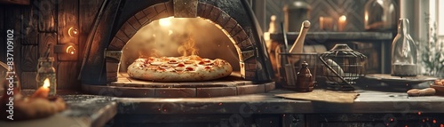A woodfired oven with a pizza cooking inside, traditional theme, side view, rustic charm, futuristic tone, monochromatic color scheme photo