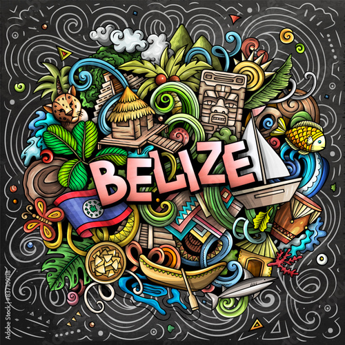 Vector funny doodle illustration with Belize theme. Vibrant and eye-catching design  capturing the essence of Central America culture and traditions through playful cartoon symbols