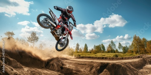 motorcycle stunt or car jump. A off road moto cross type motor bike, in mid air during a jump with a dirt trail. cnayon with blue sky