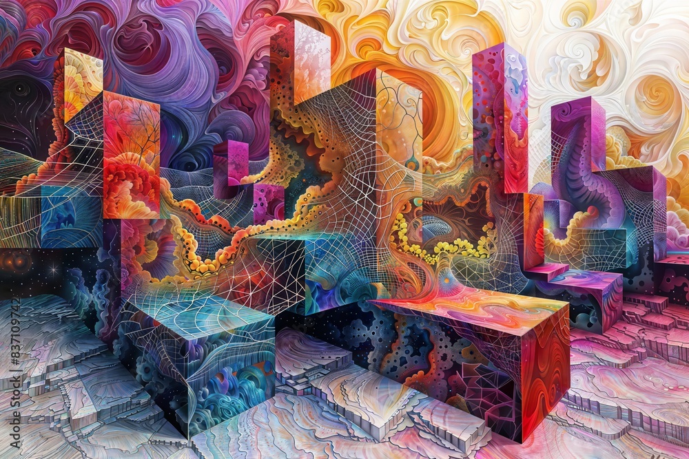 Explore a captivating digital art piece featuring a surreal cityscape with geometric structures, vibrant colors, and cosmic elements, evoking a sense of wonder beauty. Explore a captivating digital art piece featuring a surreal cityscape with geometric structures, vibrant colors, and cosmic elements, evoking a sense of wonder beauty.