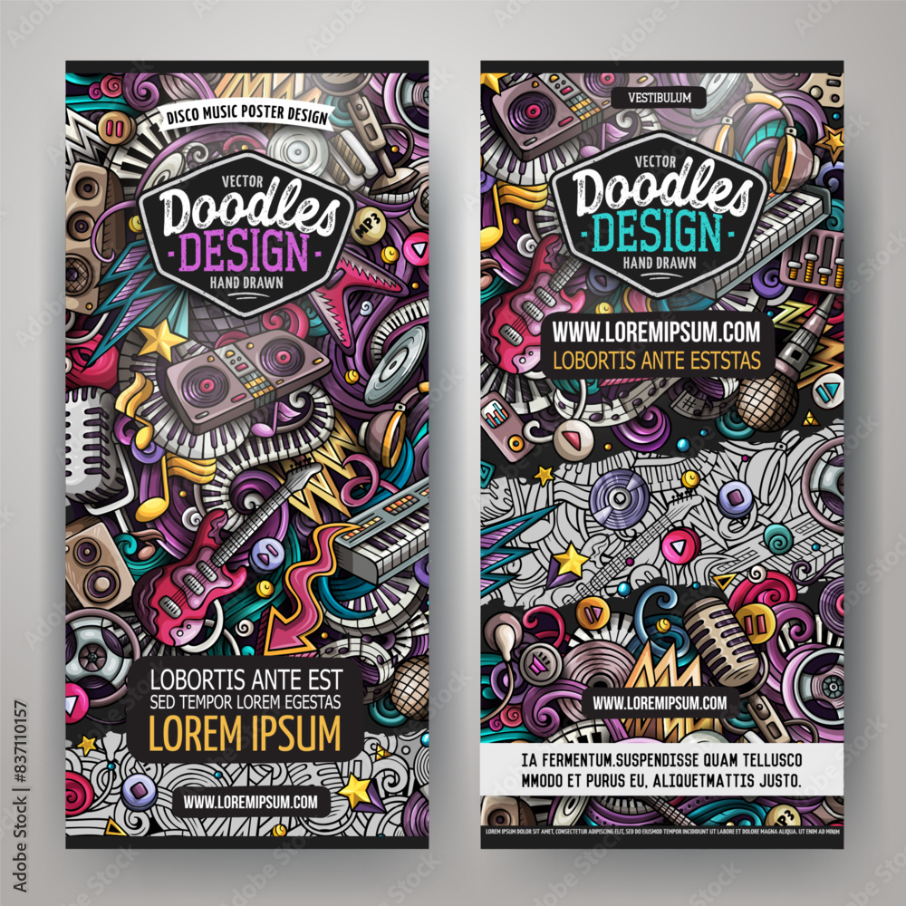 Cartoon cute colorful vector hand drawn doodles Disco music corporate identity. 2 vertical banners design. Templates set