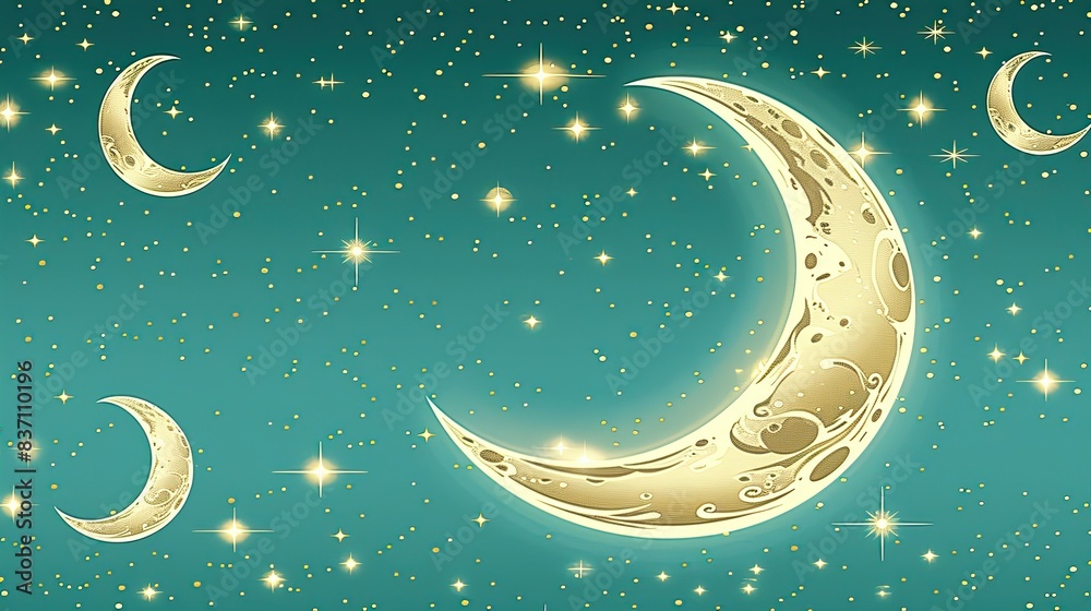 Solid turquoise background with a pattern of white crescent moons and stars Solid turquoise background with a pattern of white crescent moons and stars