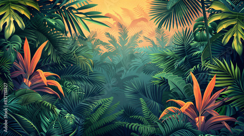 Decorative vector design with ornate tropical plants and trees