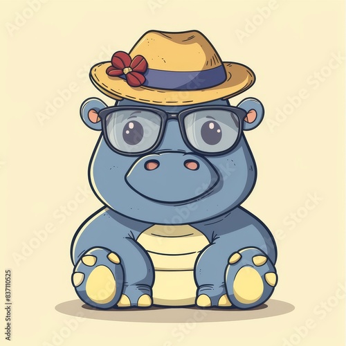 Adorable cartoon hippo wearing glasses and a hat with a flower. Perfect for children's illustrations or design projects. photo