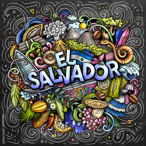Vector funny doodle illustration with El Salvador theme. Vibrant and eye-catching design, capturing the essence of Central America culture and traditions through playful cartoon symbols