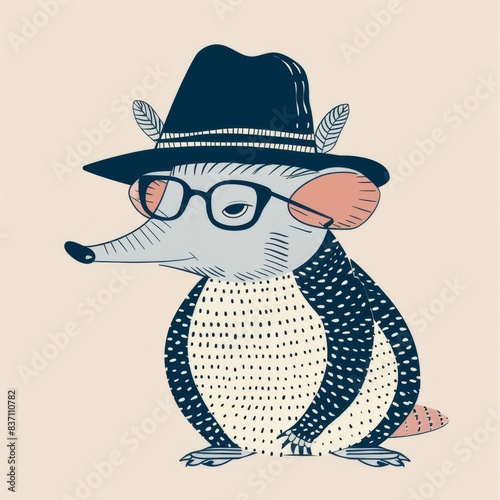 Cute hand-drawn illustration of a mole wearing glasses and a hat, perfect for children's book or educational material. photo