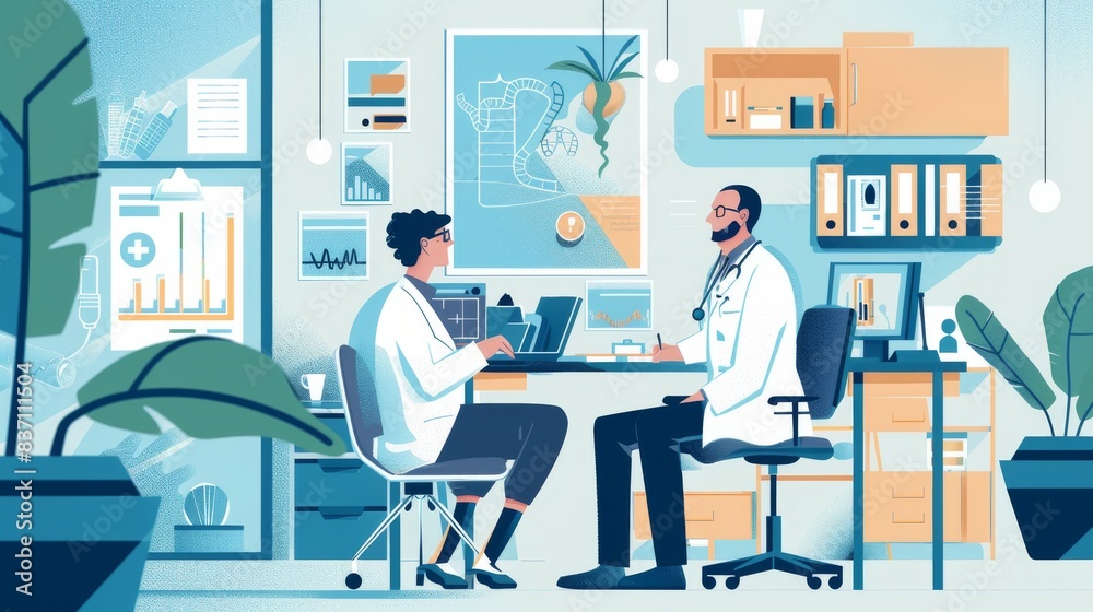 A doctor discussing health checkup results with a patient, consultation theme, side view, informative interaction, cybernetic tone, triadic color scheme A doctor discussing health checkup results with a patient, consultation theme, side view, informative interaction, cybernetic tone, triadic color scheme