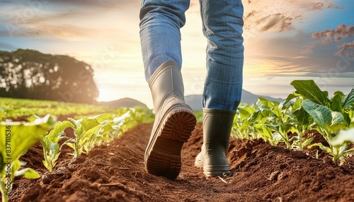 The man, a farmer, walks barefoot across the ground of a field, surrounded by nature and harvest © Creative Light