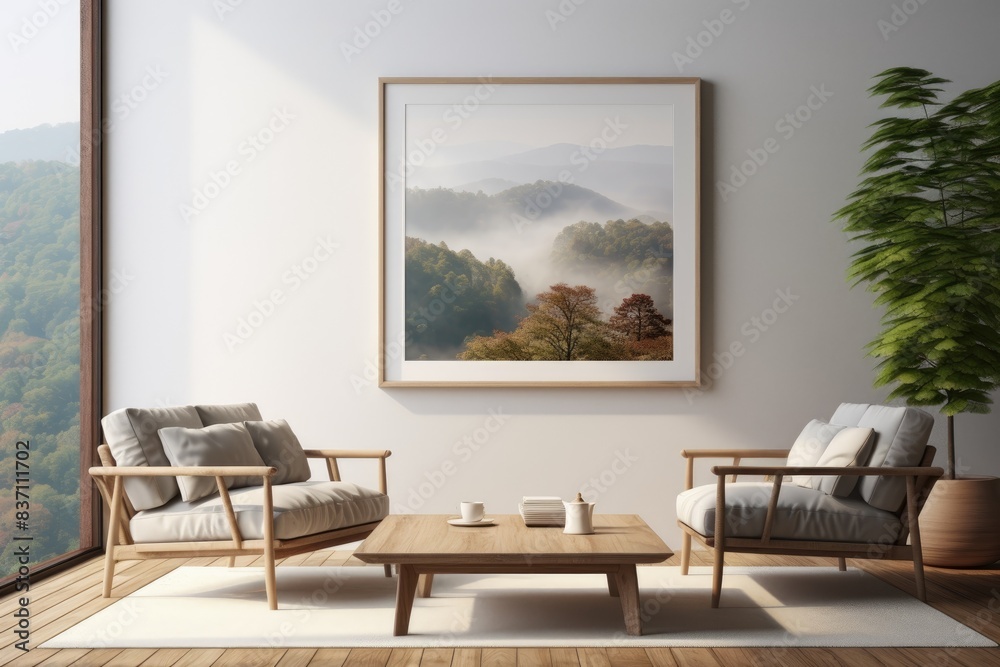 Fototapeta premium Modern Living Room Interior Design With Minimalist Furniture and Foggy Landscape Artwork