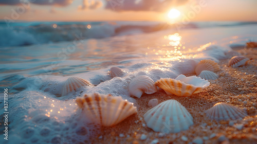 A serene nature beach scene with seashells scattered on the sand and the water gently lapping at the shore © MistoGraphy