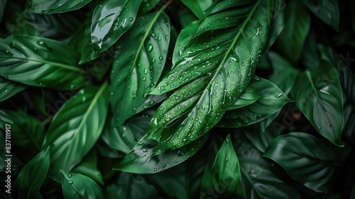 Close-up of lush green leaves with water droplets, showcasing natural beauty and freshness. Perfect for nature and botanical themes.